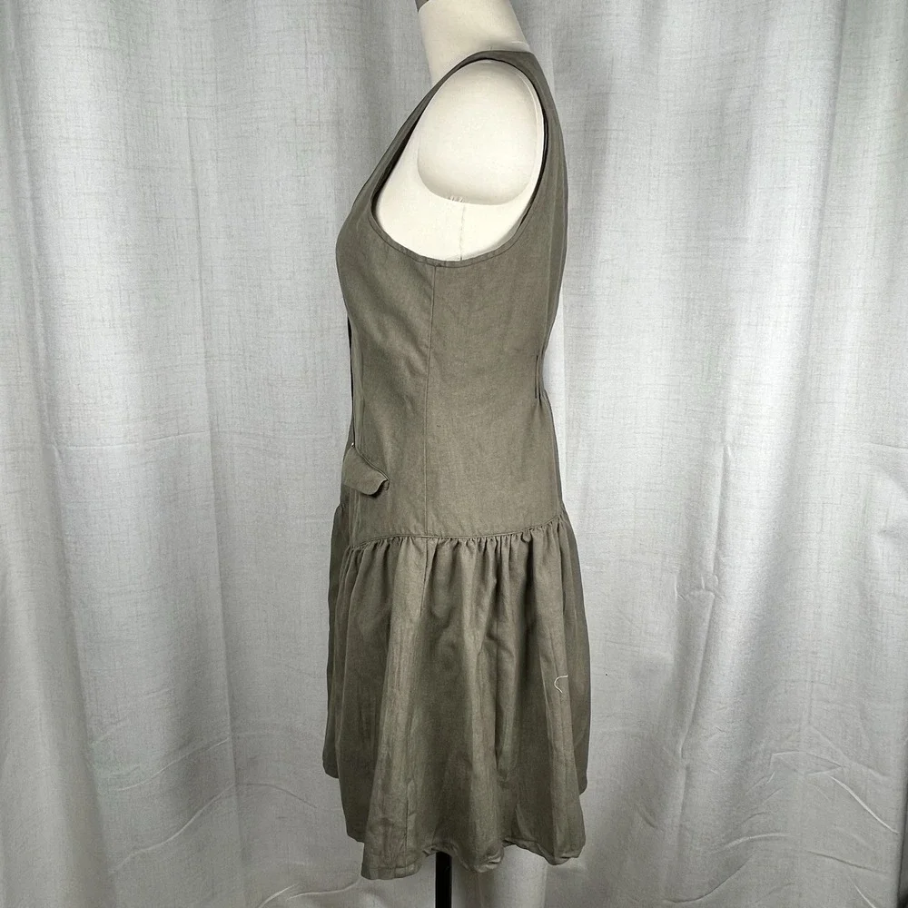 Vintage Free People Sleeveless Army Green Wool‎ Blend Vest Ruffled Mini Dress 10